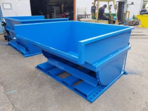 photo of large custom self dump hopper painted ready for shipping to Toronto